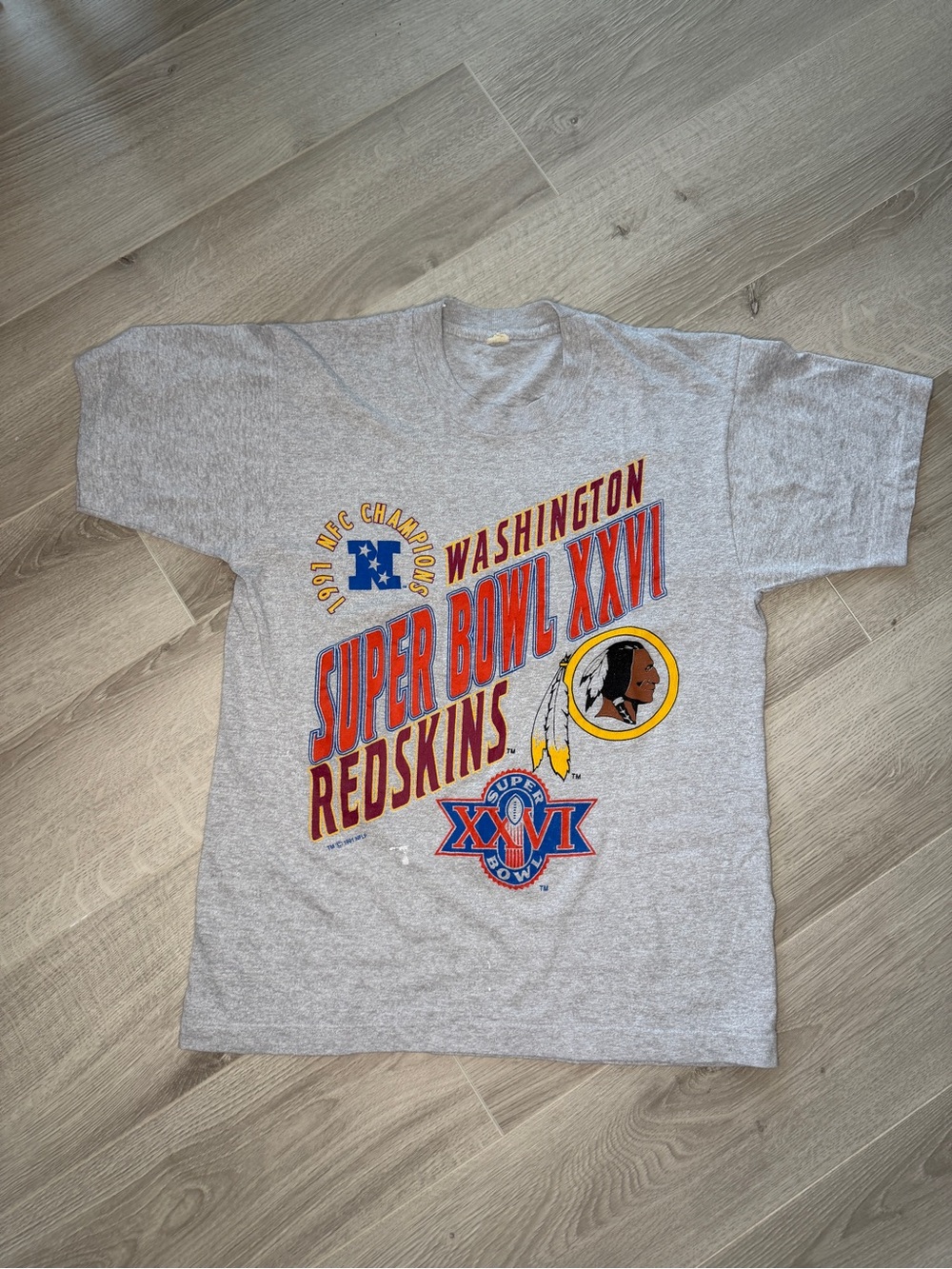 Vintage 1991 Washington Redskins Super Bowl XXVI Screen Stars Tee Gray M